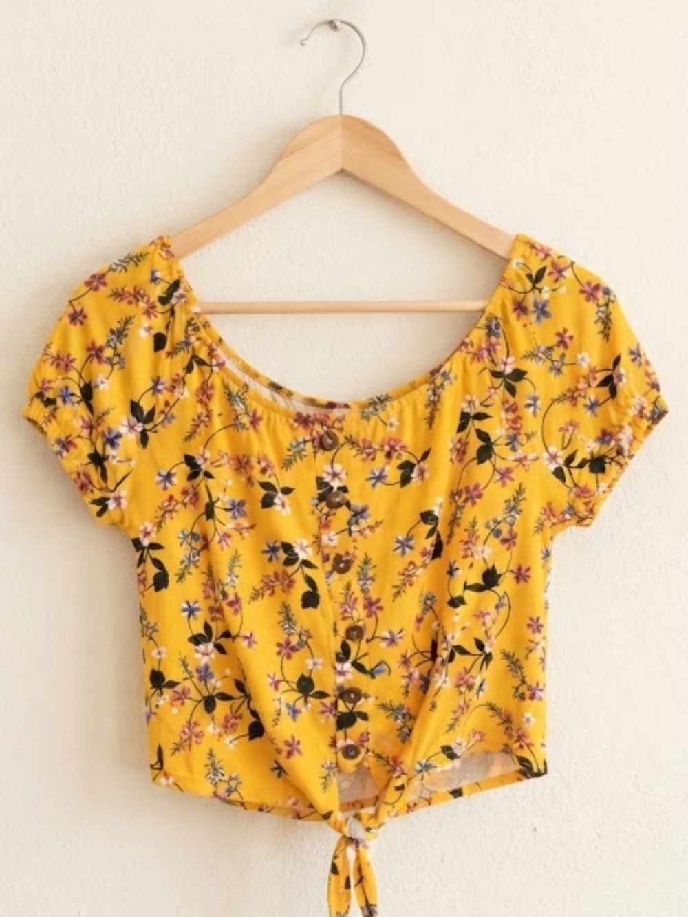 Women's Yellow Floral Tie-Front Top